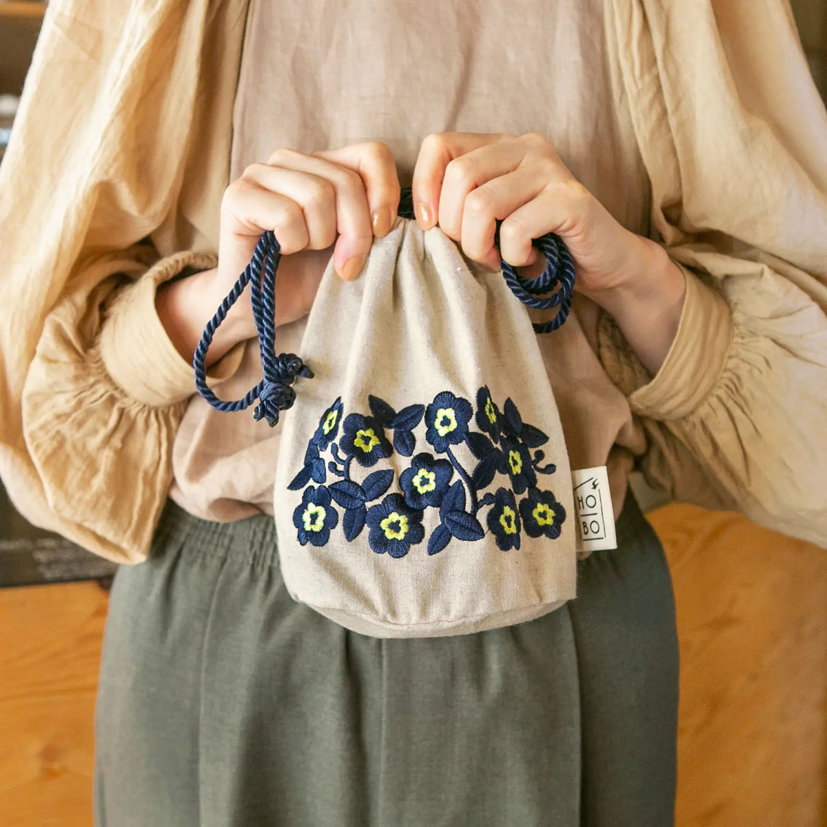 Hobonichi Anytime Drawstring Bag – Ukrainian Flowers Linen Mini Shoulder Bag